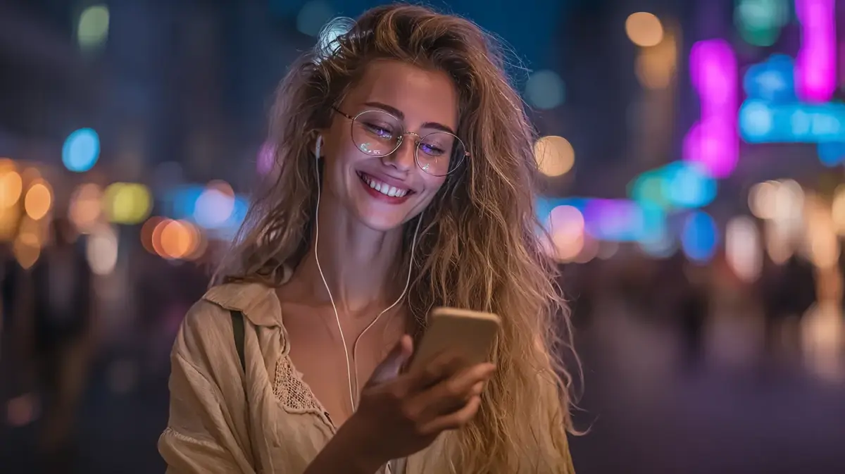 Young woman testing girlfriend gpt review app on her smartphone